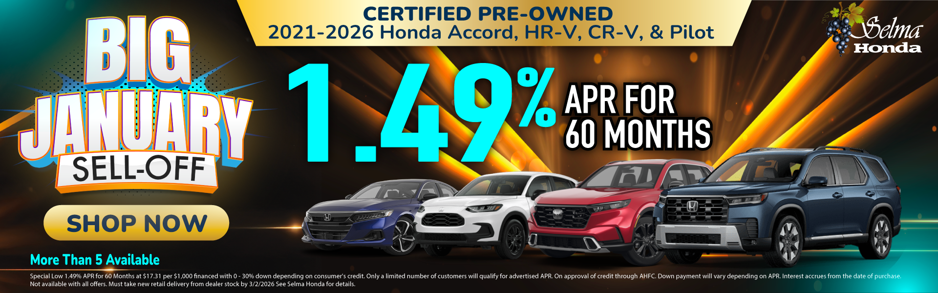 Certified Pre-Owned 2021-2026 Honda Accord, HR-V, CR-V, & Pilot